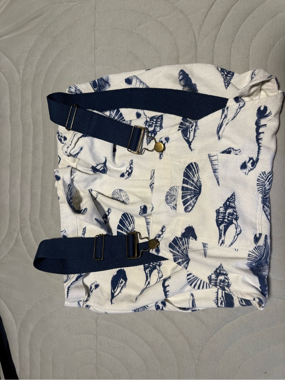 Cider White and Navy Shell-Print Overalls with Adjustable Straps
